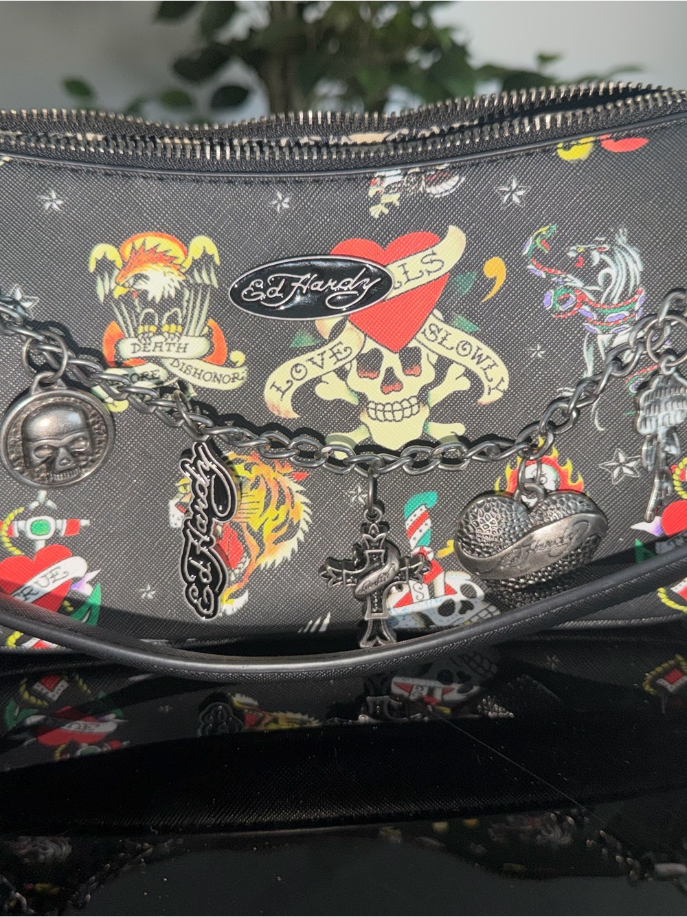 Ed Hardy Black Tattoo-Print Chain Charm Shoulder Bag